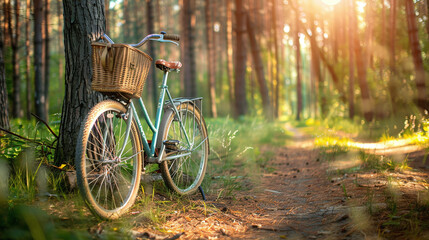 Fototapeta premium bicycle with basket standing in summer forest
