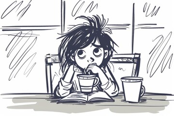 Cartoon cute doodles of an emo person sitting at a cafe table, sipping coffee and doodling in a sketchbook, Generative AI 