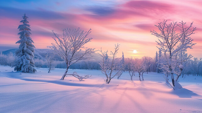 A beautiful winter landscape with trees covered in snow, and the sky painted by colorful pastel hues of sunrise. The sun rises over distant hills, casting long shadows on the snowy ground below.