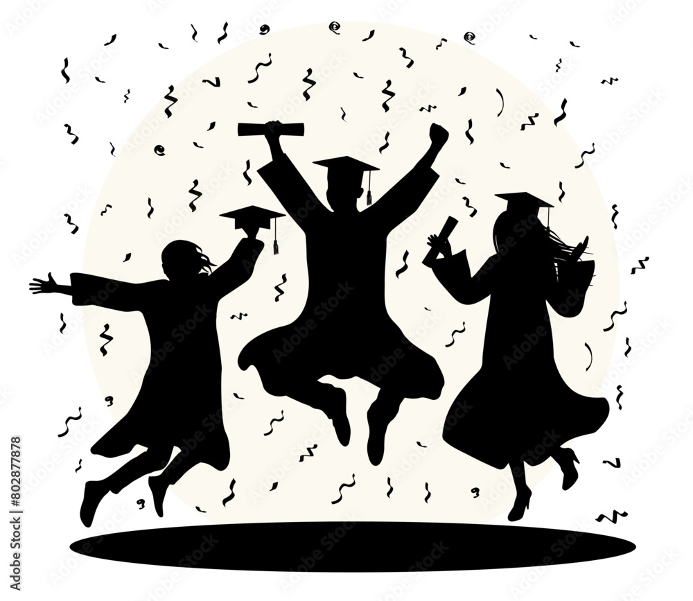 Wall mural graduation ceremony, silhouette of jumping graduate students with diploma on background of confetti.