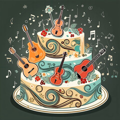 A colorful birthday cake decorated with various musical instruments including guitars, violins, and notes, surrounded by swirling patterns and stars against a dark background