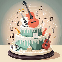 A colorful illustration of a birthday cake with musical instruments and notes floating around it,...
