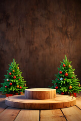 tree trunks podium with christmas background