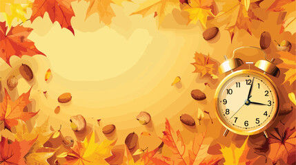 Alarm clock and autumn leaves with nuts on yellow background
