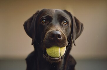 brown chocolate labrador holding a tennis ball in his mouth