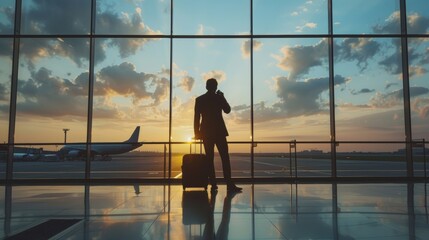 Fototapeta premium Silhouette of a businessman with a suitcase talking on his cell phone at the airport during sunset