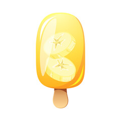 Banana ice cream, fruit popsicle on a wooden stick with banana pieces. Summer cold dessert, frozen juice, fruit ice. Vector illustration.