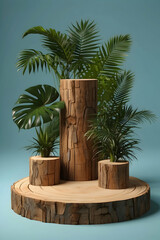 tree trunks podium with tropical plants background