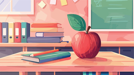 Apple with school books and pencil case on table in c