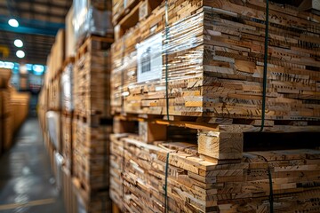 Packaged Wood Products Stacked on Pallets Ready for Factory Shipment