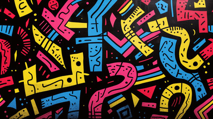 graffiti on the wall. A pattern of colorful maze-like shapes, interconnected by white lines and surrounded by a black background. abstract background, wallpaper, poster