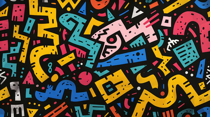 A pattern of colorful maze-like shapes, interconnected by white lines and surrounded by a black background. abstract background, wallpaper, poster