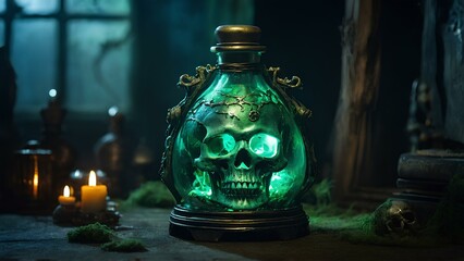 Enigmatic Undead Elixir: Skull Bottle Amidst Haunted Graveyard