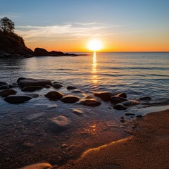 Serene sunset over rocky coastline