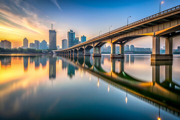 Minimalist Image of a Bridge Leading Over a River to a Bustling Cityscape