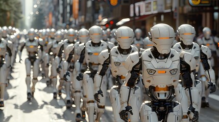 Naklejka premium A futuristic scene depicting a large group of humanoid robots marching through an urban street. The robots are designed with white and gray armor and feature advanced technology details. This image po