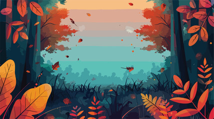 Autumn leaves and forest decor on color background Vector