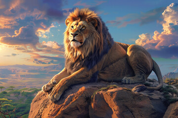 A photorealistic image of a majestic lion with a flowing mane, surveying its African savanna...