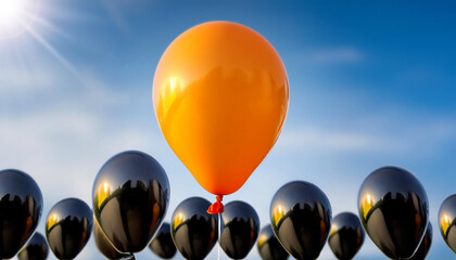 One single orange-yellow balloon with string flying away from a crowd of black balloons. Standing out from the crowd, thinking outside the box, leadership and individuality concept. Generative Ai.