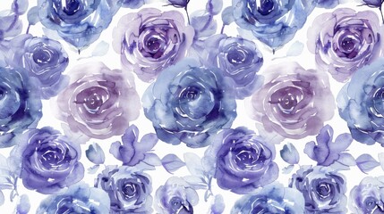 A seamless repeating pattern of lavender and blue watercolor roses on a white background..