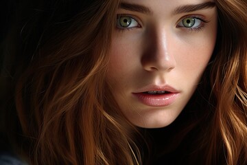 Fototapeta premium Captivating green-eyed woman with flowing auburn hair