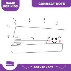 Dot to dot stapler educational game for preschool kids. Activity worksheet. Handwriting practice