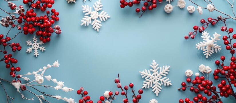 Christmas or winter arrangement featuring a snowflake and red berry frame set against a soft blue background. Symbolizing the essence of Christmas, winter, and New Year.