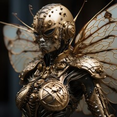 Intricate futuristic cyborg with golden mechanical wings