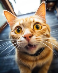 close-up portrait of a curious orange tabby cat