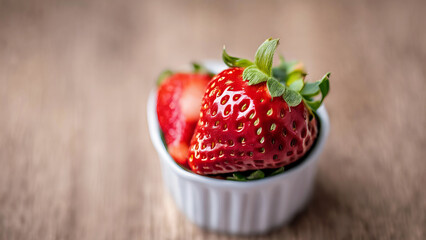 A bowl red strawberries sits on a wooden table