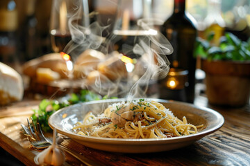 A rustic wooden table adorned with a steaming plate of pasta alla rusticana, exuding warmth and comfort in every flavorful bite. - obrazy, fototapety, plakaty