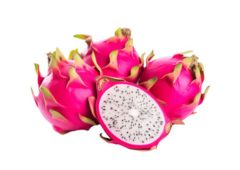 Vibrant dragon fruit, one whole and one halved to reveal the speckled white interior, against a transparent background. Generative AI