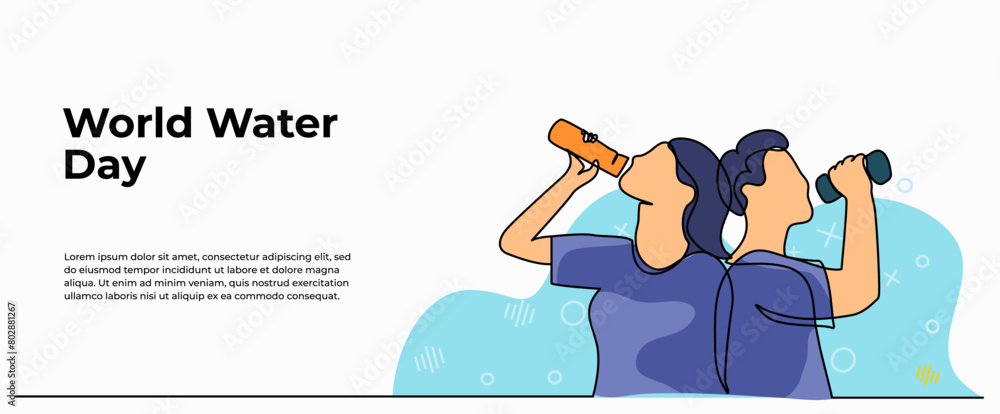 Poster vector illustration of drinking water from a bottle. modern flat in continuous line style.