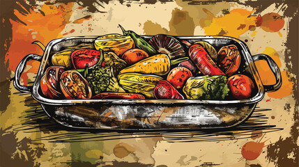 Baking dish with tasty grilled vegetables on grunge b