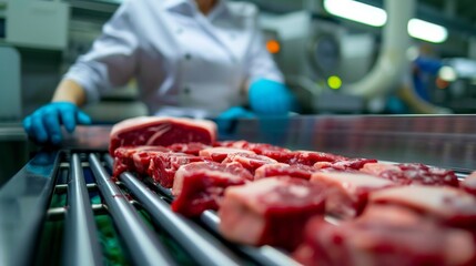 A worker wearing a white coat and blue gloves is cutting meat in a food processing plant.