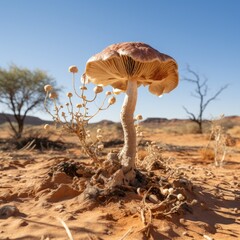 Mushroom growing in desert landscape