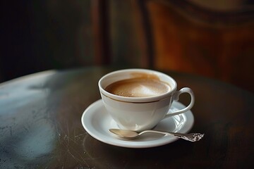 Obraz premium An elegantly served hot cup of coffee, accompanied by a spoon and a saucer, embodying a moment of quiet sophistication and relaxation