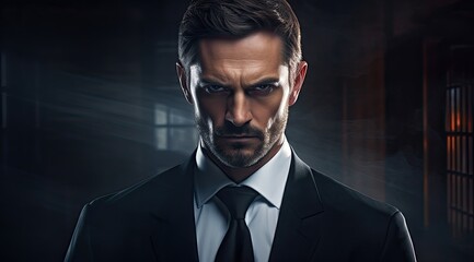 serious businessman in dark suit with intense expression