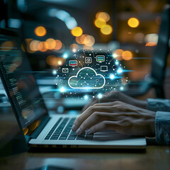 An image of a professional's hands typing on a laptop with a virtual cloud computing interface visible, set against a blurred office background. Generative Al