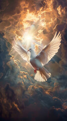 Graceful Dove Soaring Skyward View, the Ascension of Christ, the ascension of Jesus into heaven, a festival celebrated by Christians.