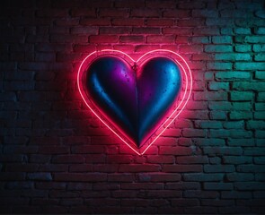 Neon heart on brick wall background. Valentine's day concept.