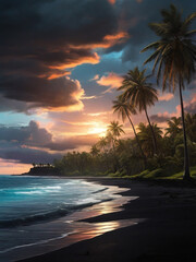 Fototapeta premium generative ai, Glowing sea with bright clouds shining on a black sand beach with palm trees