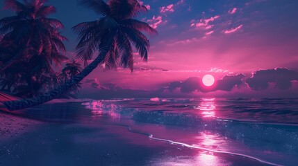 Pink Sunset Over Tropical Beach with Palm Trees, neon colors