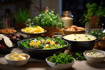 Delicious vegetarian meal with fresh salad, soup, and side dishes