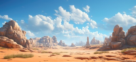 Vast desert landscape with towering rock formations