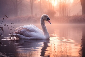 Elegant swan swimming in serene lake at sunset