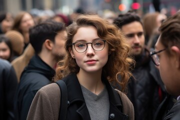 Obraz premium young woman with curly hair and glasses in crowd