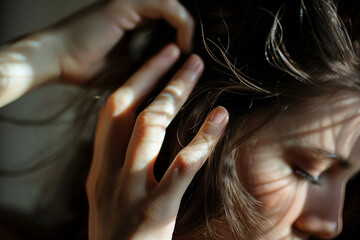 Fototapeta premium Close up image of woman hands touch her hair created with generative ai concept