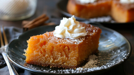 Jamaican sweet potato pudding topped with whipped cream, a traditional caribbean treat enhanced with cinnamon, served on a plate