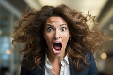 Surprised and shocked woman with wild hair